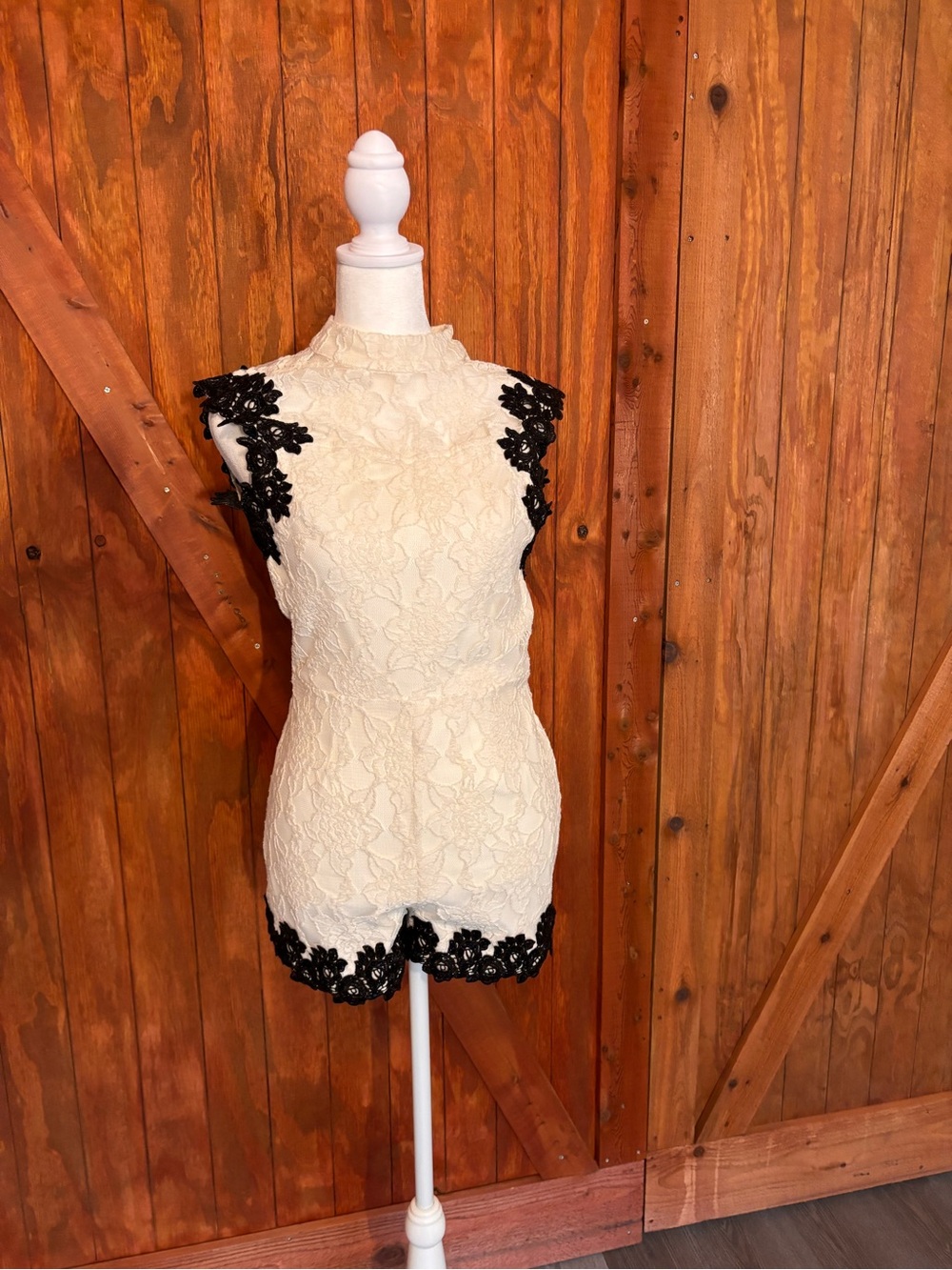 HOMAGE Cream Lace Romper with Black Appliqué